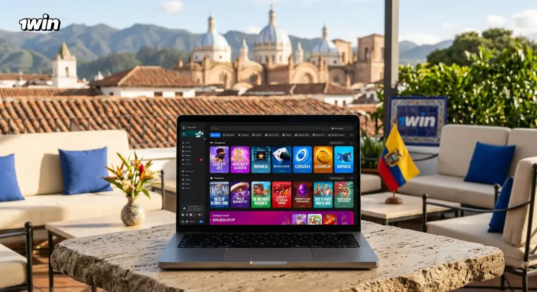 Laptop con el lobby del casino de 1win en una terraza frente a las cúpulas de la catedral de Cuenca, junto a la bandera de Ecuador