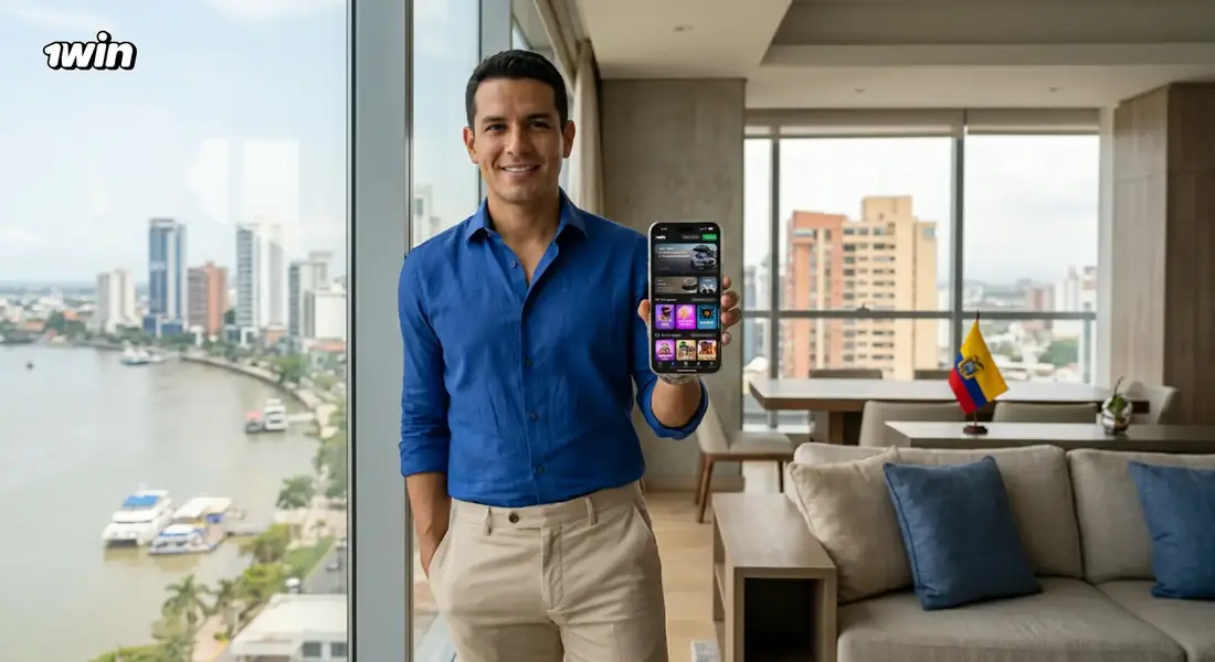 Hombre junto a un ventanal con vista al río Guayas que muestra la app de 1win en su celular, con la bandera de Ecuador